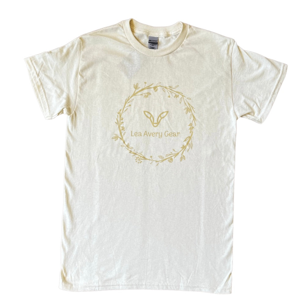 Stone color t-shirt with floral ring around logo