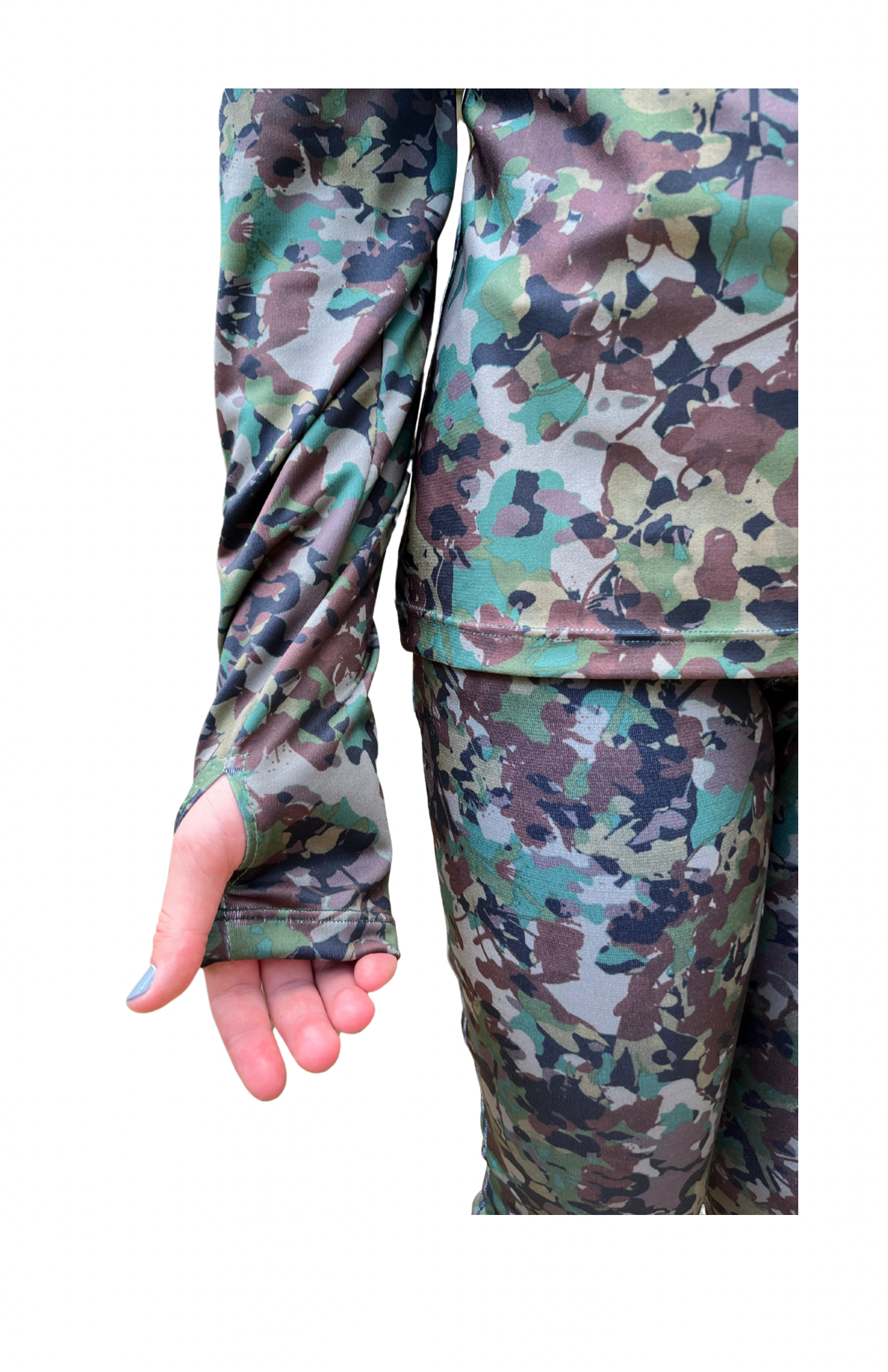 up close view of thumb hole of long sleeve camo shirt