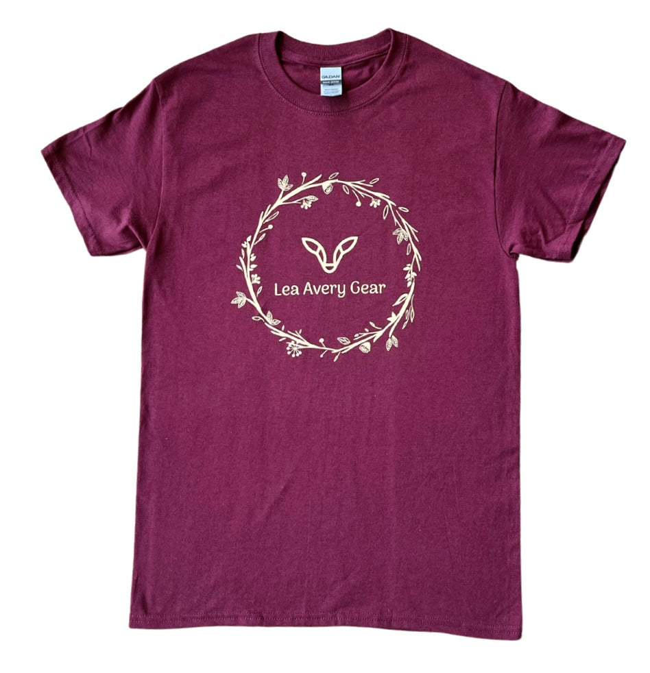 Maroon T-shirt with floral ring around logo