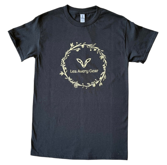 Black t-shirt with floral ring around logo