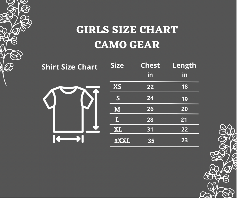 Size Chart of girls' camo shirts or Lea Avery Gear