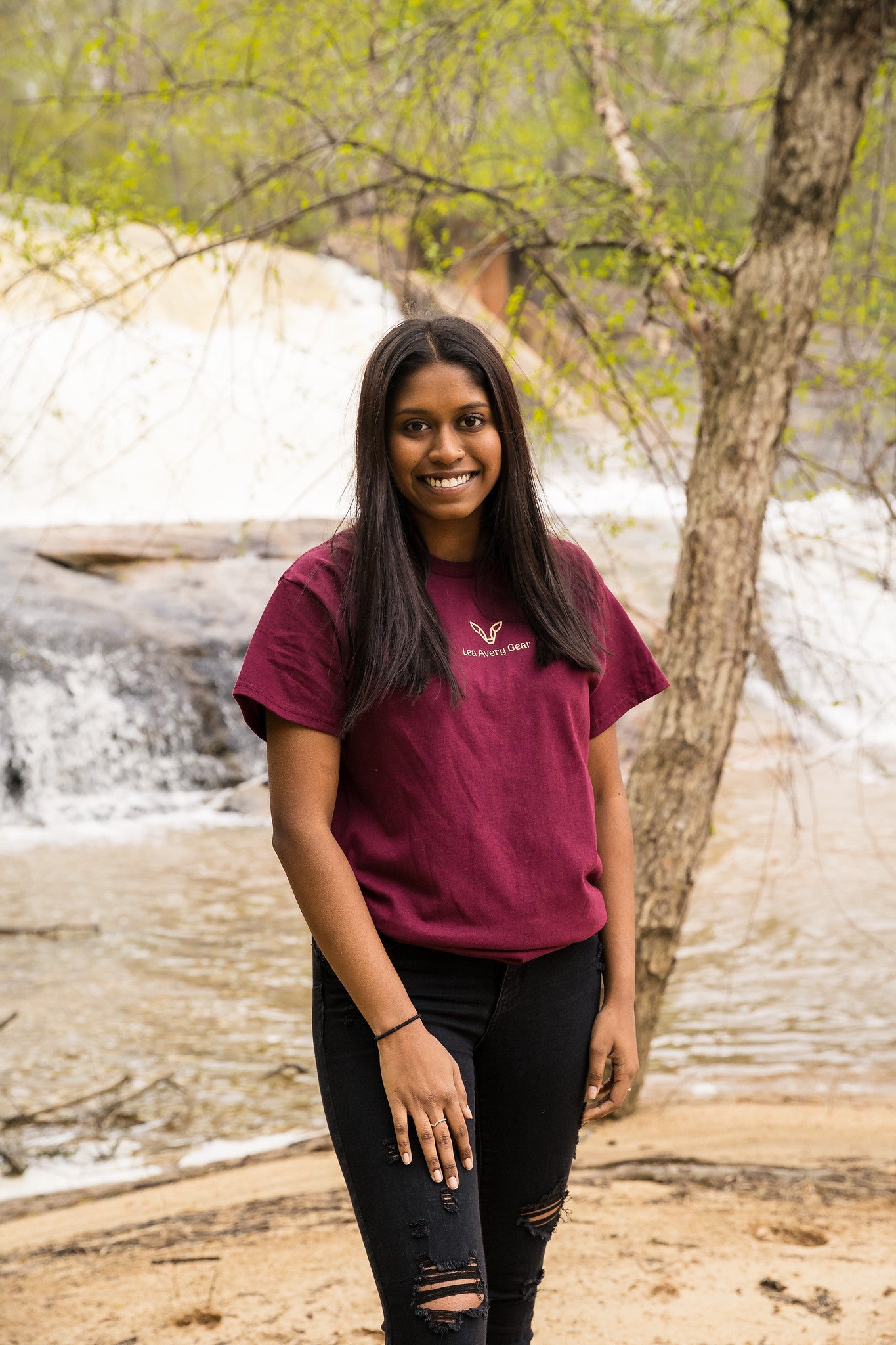 girl wearing logo shirt